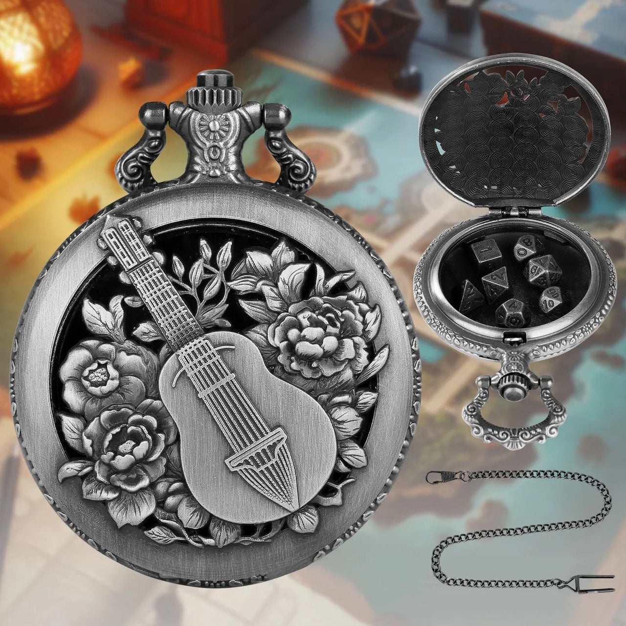 Guitar on Silver Pocket Watch with Mini Dice - Pendant