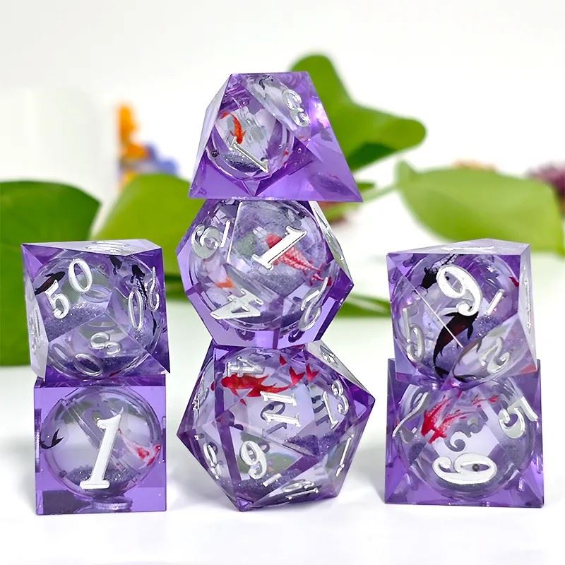 Fish Ball in Clear & Purple Filled Sharp Resin - 7pcs RPG Dice Set