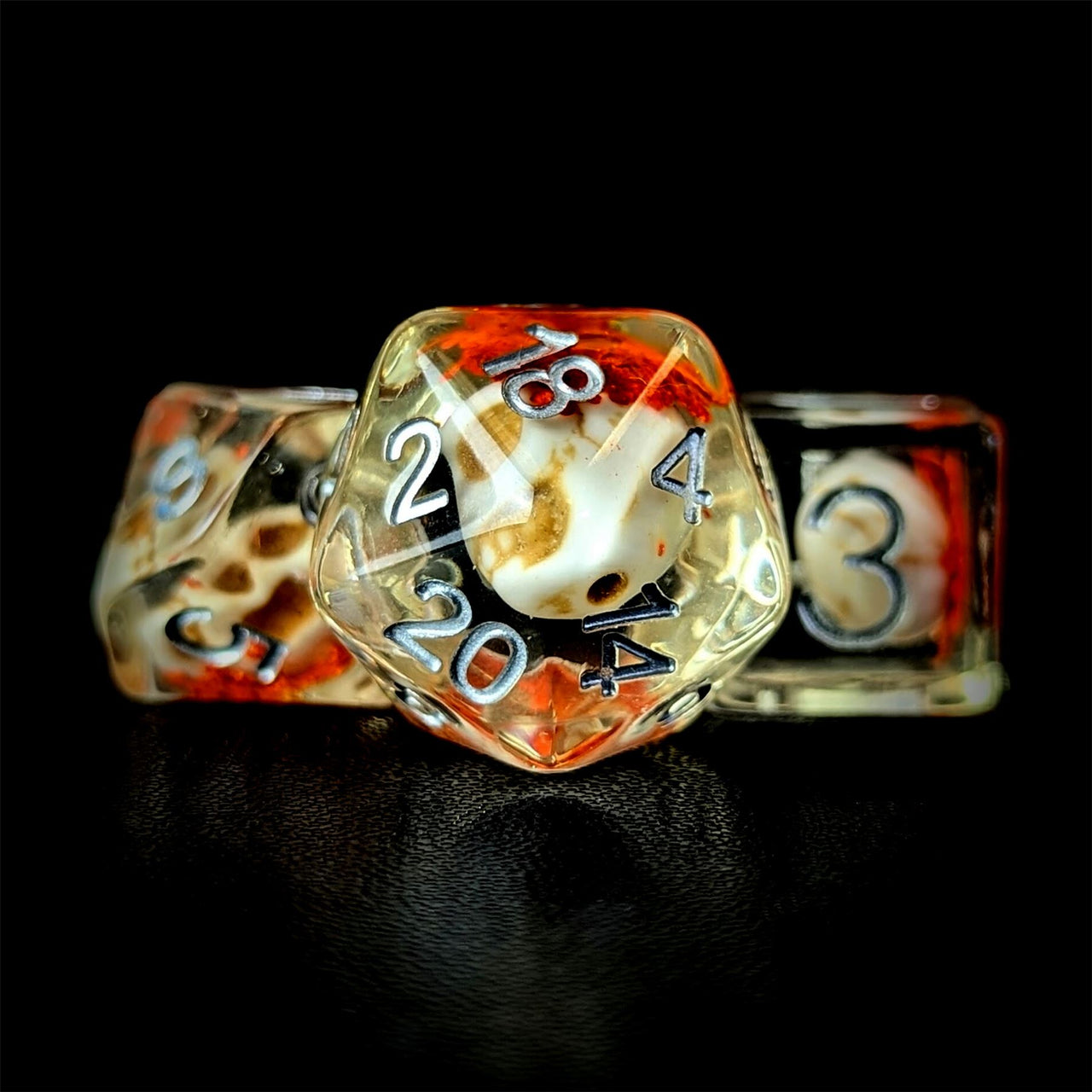 Skull & Orange Flower in Clear Resin - 7pcs RPG Full Dice Set