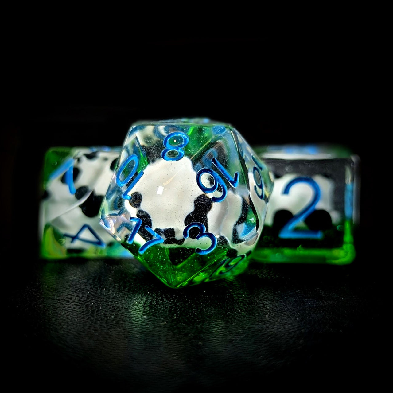 Panda in Clear & Green Resin - 7pcs RPG Full Dice Set