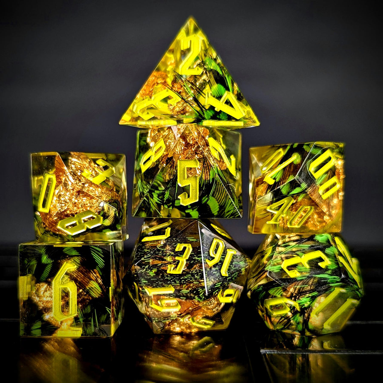 Foil Feather Black, Green & Clear Filled Sharp Resin - 7pcs RPG Dice Set