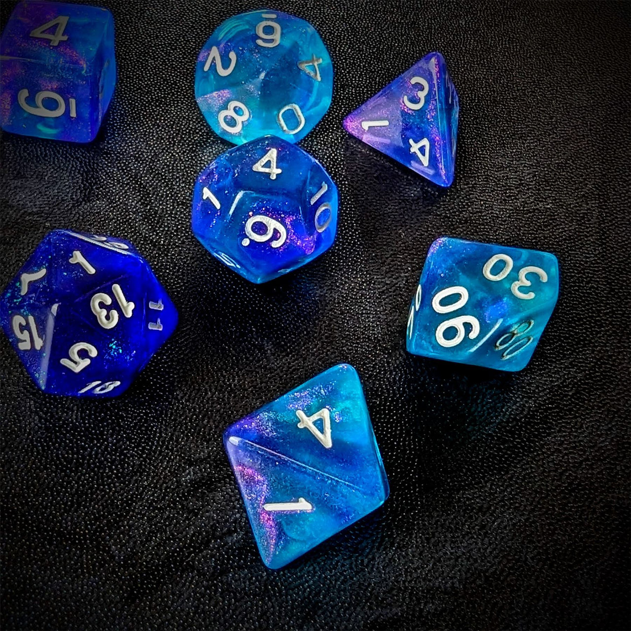 Glitter in Blue & Cyan Acrylic - 7pcs RPG Full Dice Set Scatter