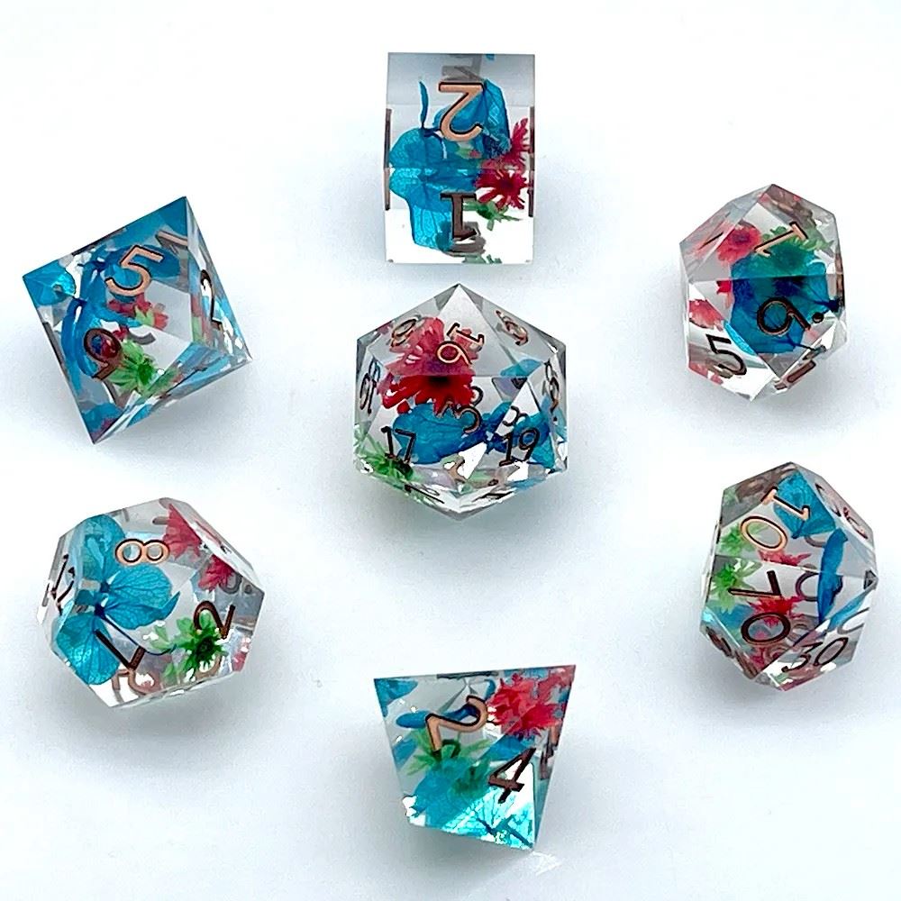 Red, Blue & Green Flowers in Clear Filled Sharp Resin - 7pcs RPG Dice Set