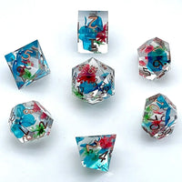 Thumbnail for Red, Blue & Green Flowers in Clear Filled Sharp Resin - 7pcs RPG Dice Set