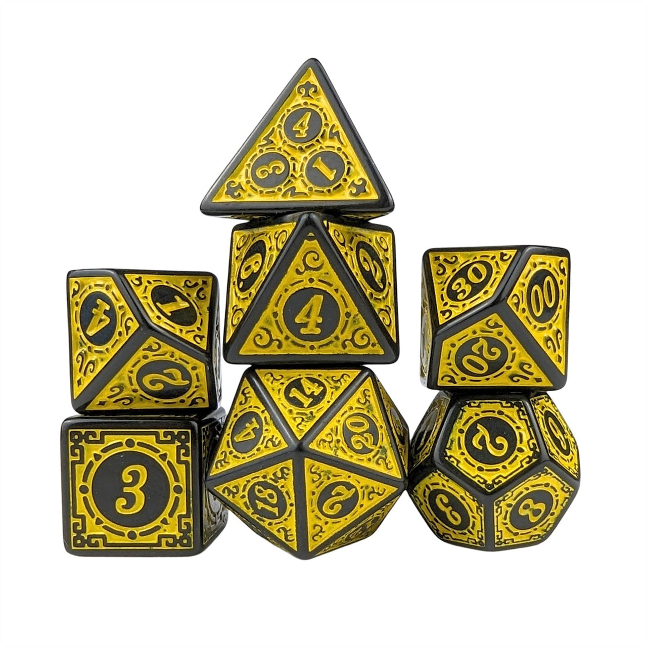 Yellow Lattice on Black Acrylic - 7pcs RPG Full Dice Set White Stack