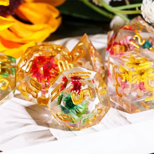 Multicolour Flowers in Clear Filled Sharp Resin - 7pcs RPG Dice Set