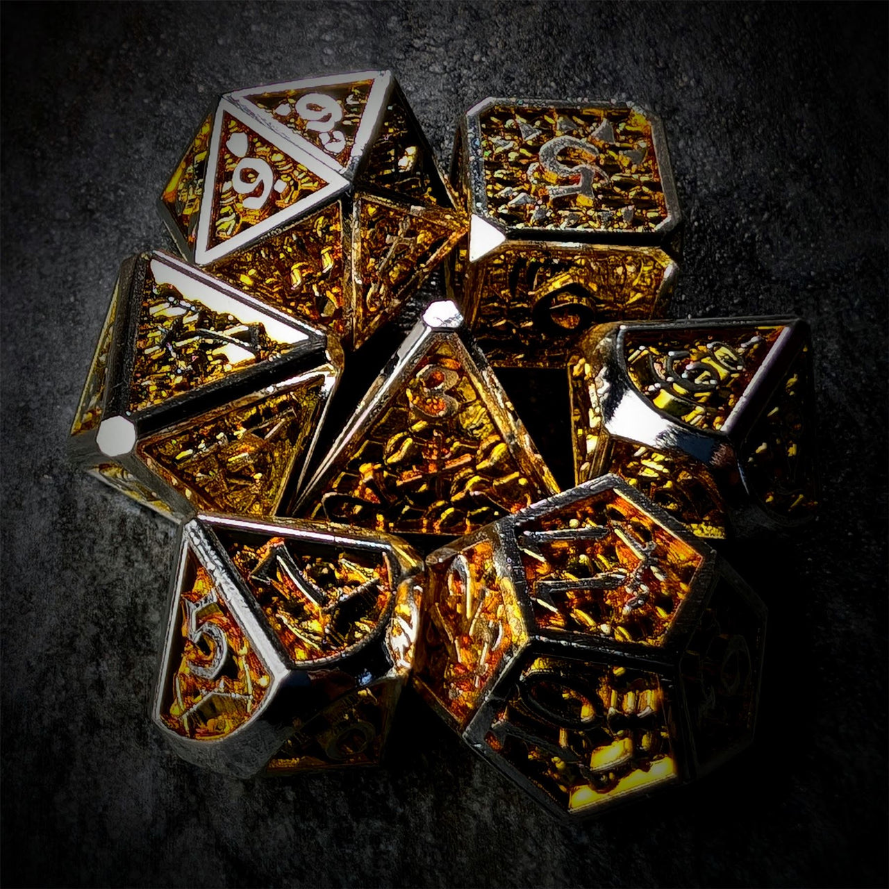 Gold Monster in Silver Metal - 7pcs RPG Dice Set