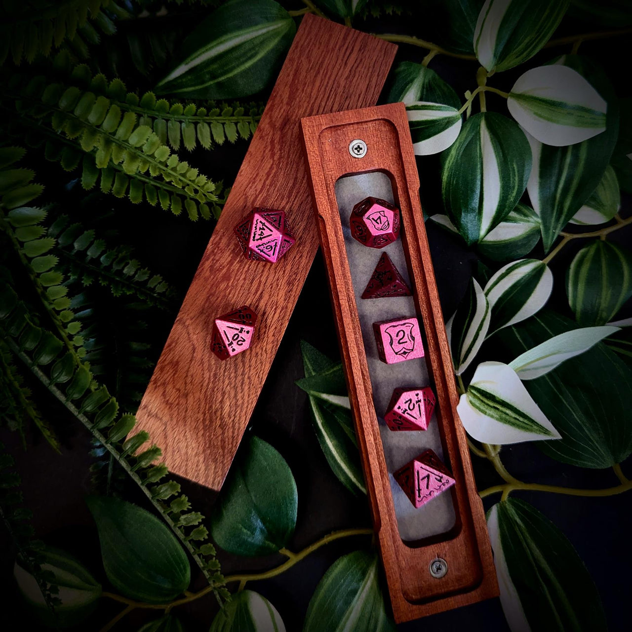 7pcs RPG Full Dice Set - Black Pattern on Pink Resin