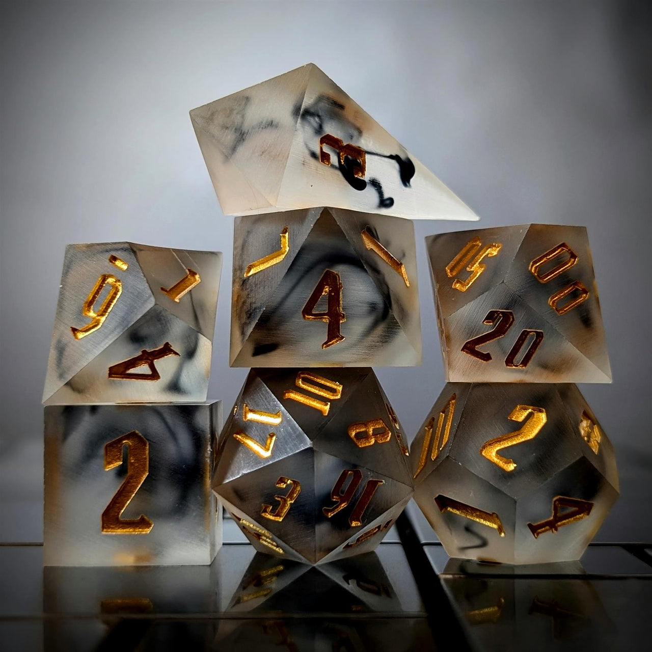 Black Swirl in Frosted Clear Sharp Resin - 7pcs RPG Dice Set