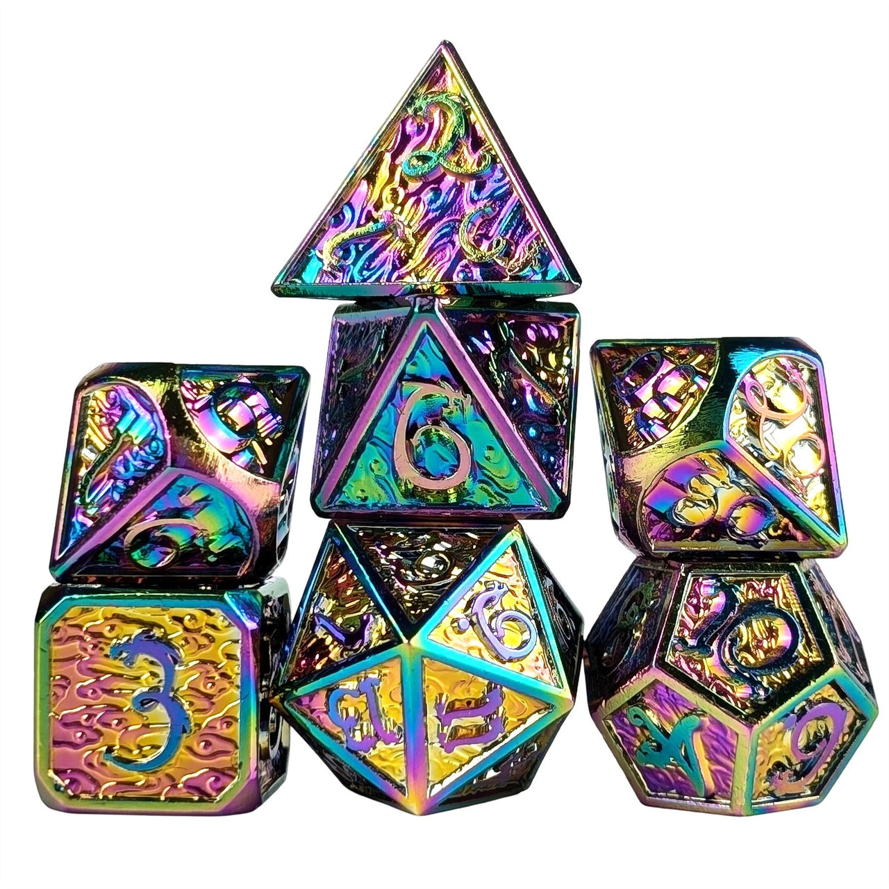 Rainbow Metal with Dragon Font - 7pcs RPG Dice Set