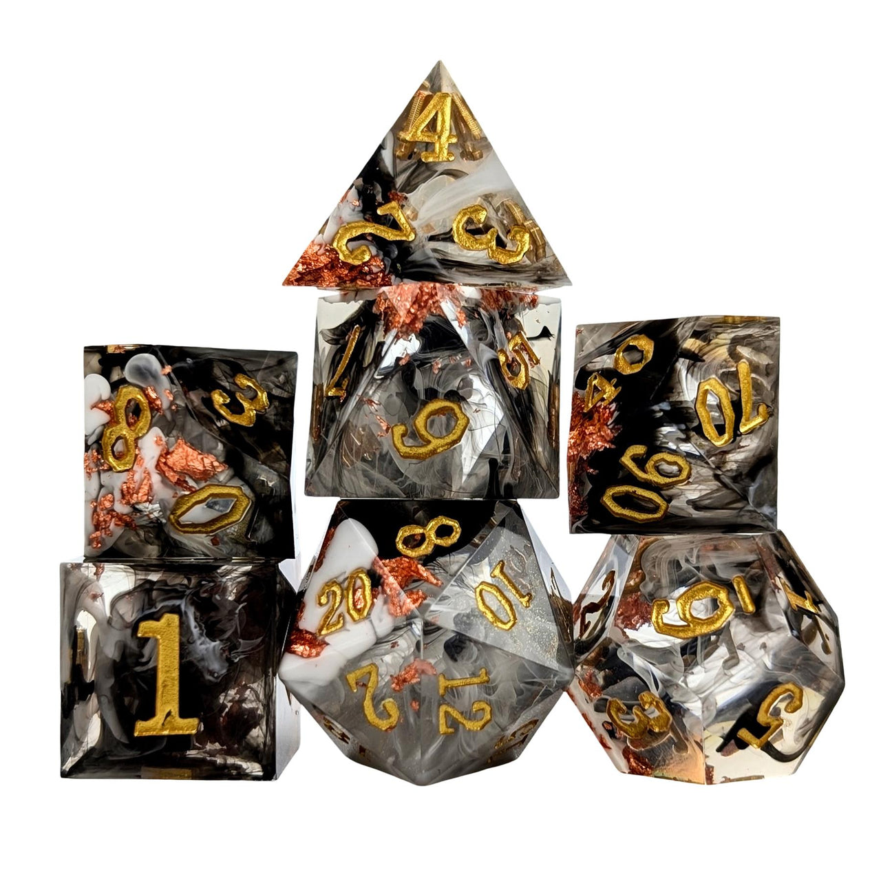 7pcs Dice Sharp Filled Gold Font Foil Black White Swirl Clear