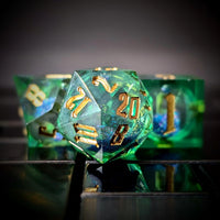 Thumbnail for Blue Glitter in Green & Clear Liquid Filled Sharp Resin - 7pcs RPG Dice Set