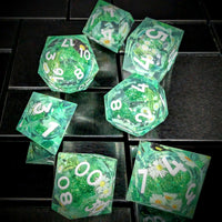 Thumbnail for 7pcs Dice Sharp Filled Liquid Daisy White Font Green Clear