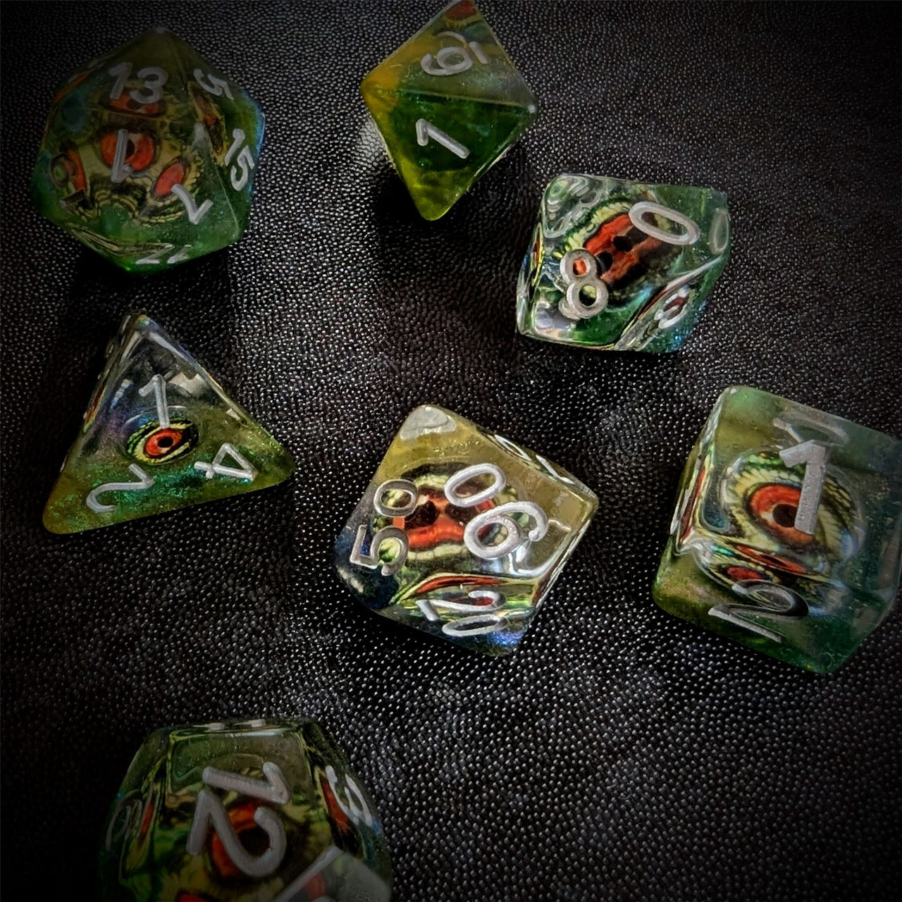 Demon Eye in Clear & Green Resin - 7pcs RPG Full Dice Set