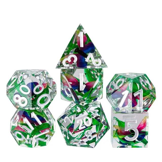 Pink & Blue Butterfly in Clear Filled Sharp Resin - 7pcs RPG Dice Set