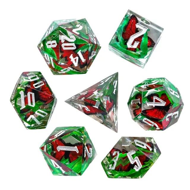 Red Butterfly in Clear Filled Sharp Resin - 7pcs RPG Dice Set