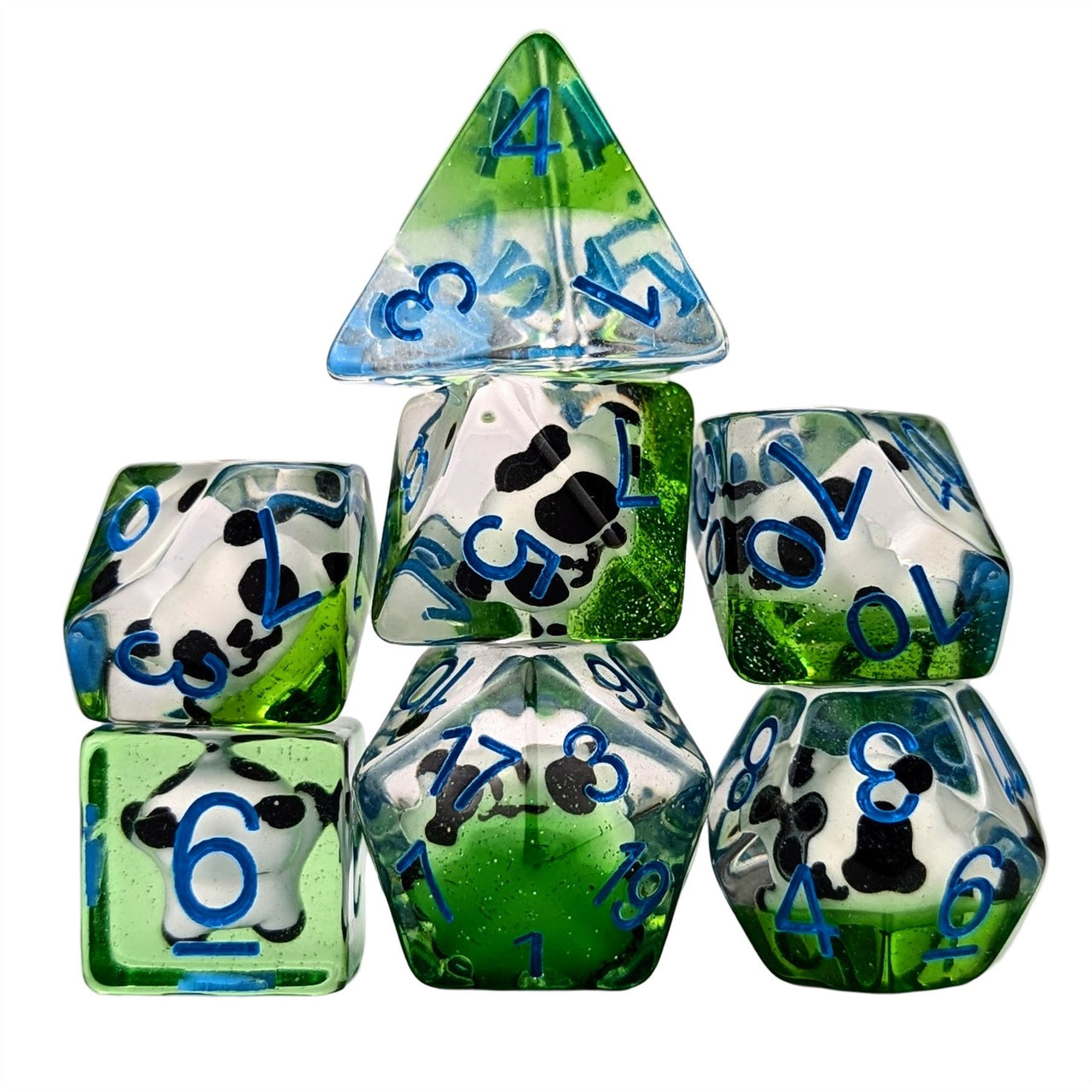 Panda in Clear & Green Resin - 7pcs RPG Full Dice Set