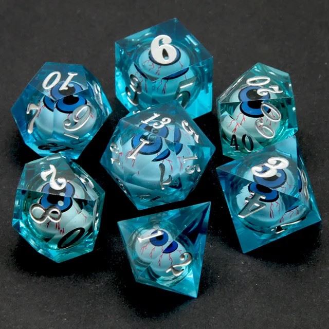 Eye Ball in Clear & Blue Liquid Filled Sharp Resin - 7pcs RPG Dice Set