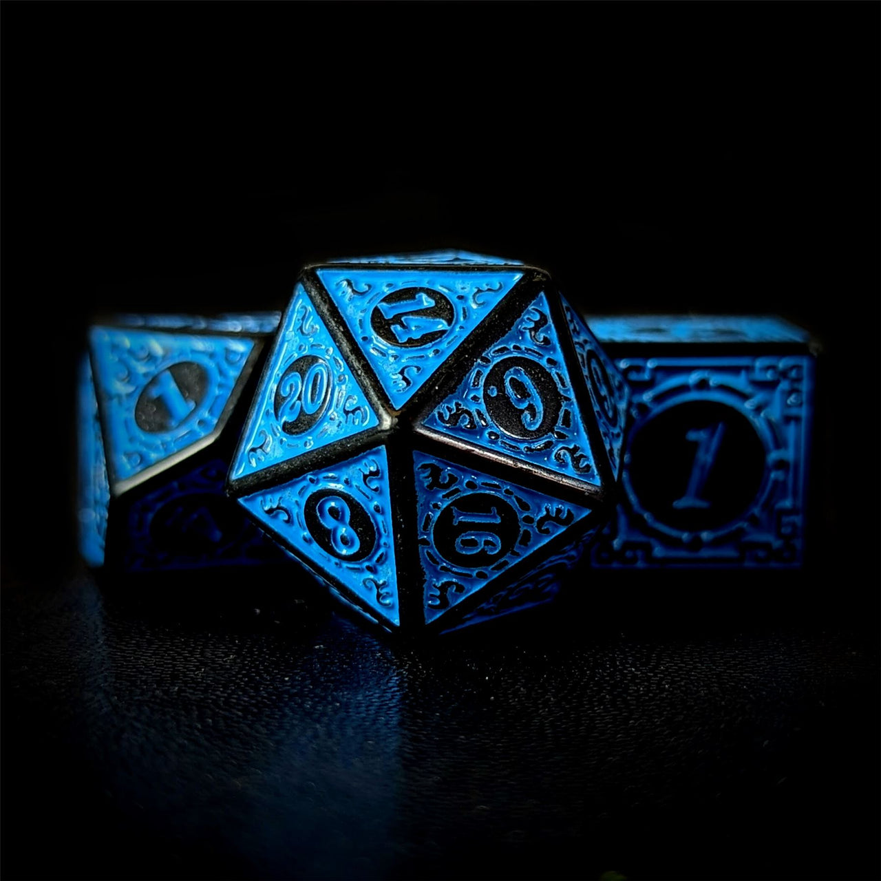 Blue Lattice on Black Acrylic - 7pcs RPG Full Dice Set Close