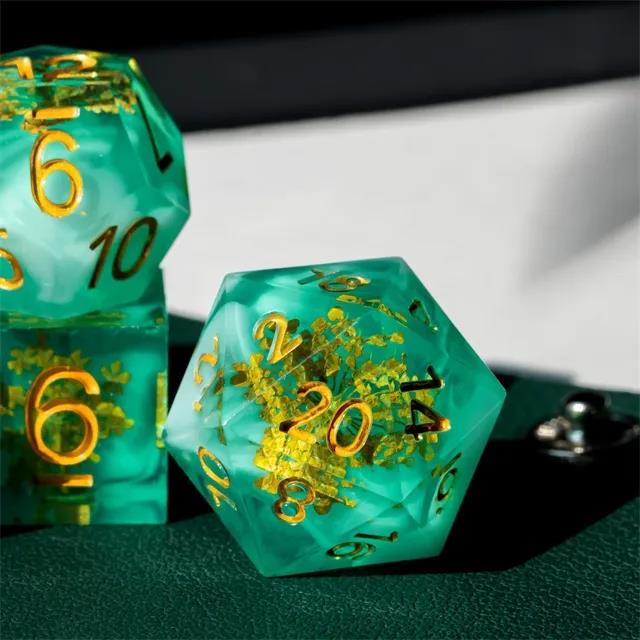 Yellow Flower in Clear & Green Filled Sharp Resin - 7pcs RPG Dice Set