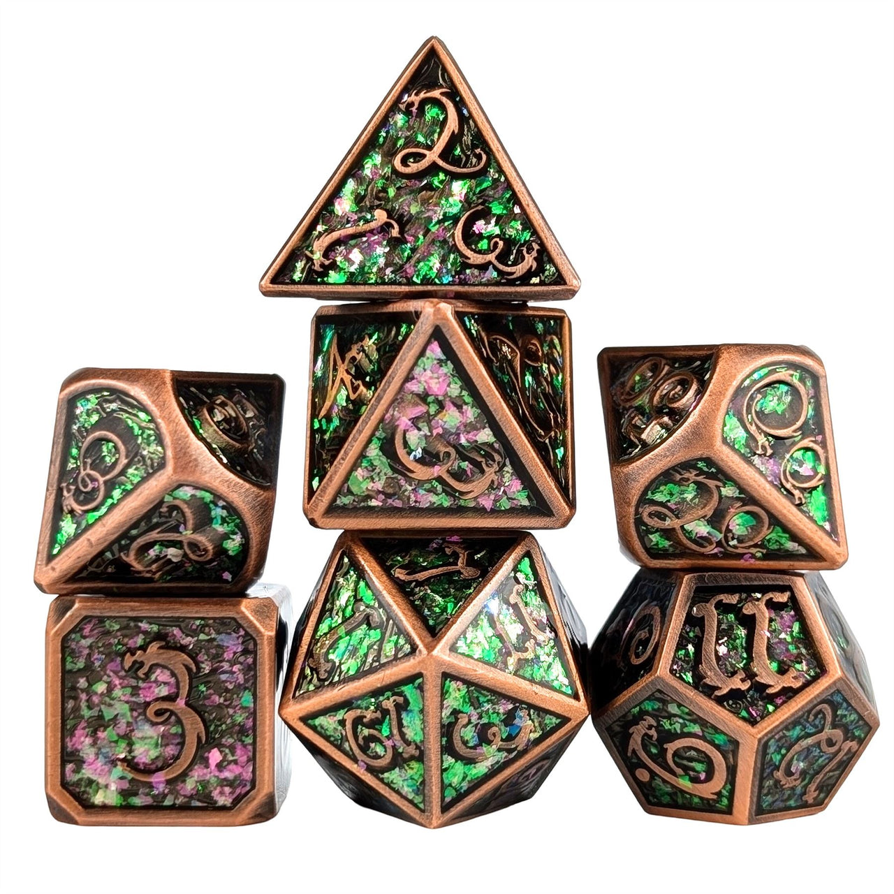 Glitter Pink Enamel in Copper Metal - 7pcs RPG Dice Set