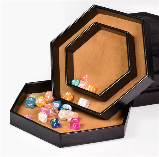 Camel Velvet & Black PU Leather - Hexagon Lid Dice Tray