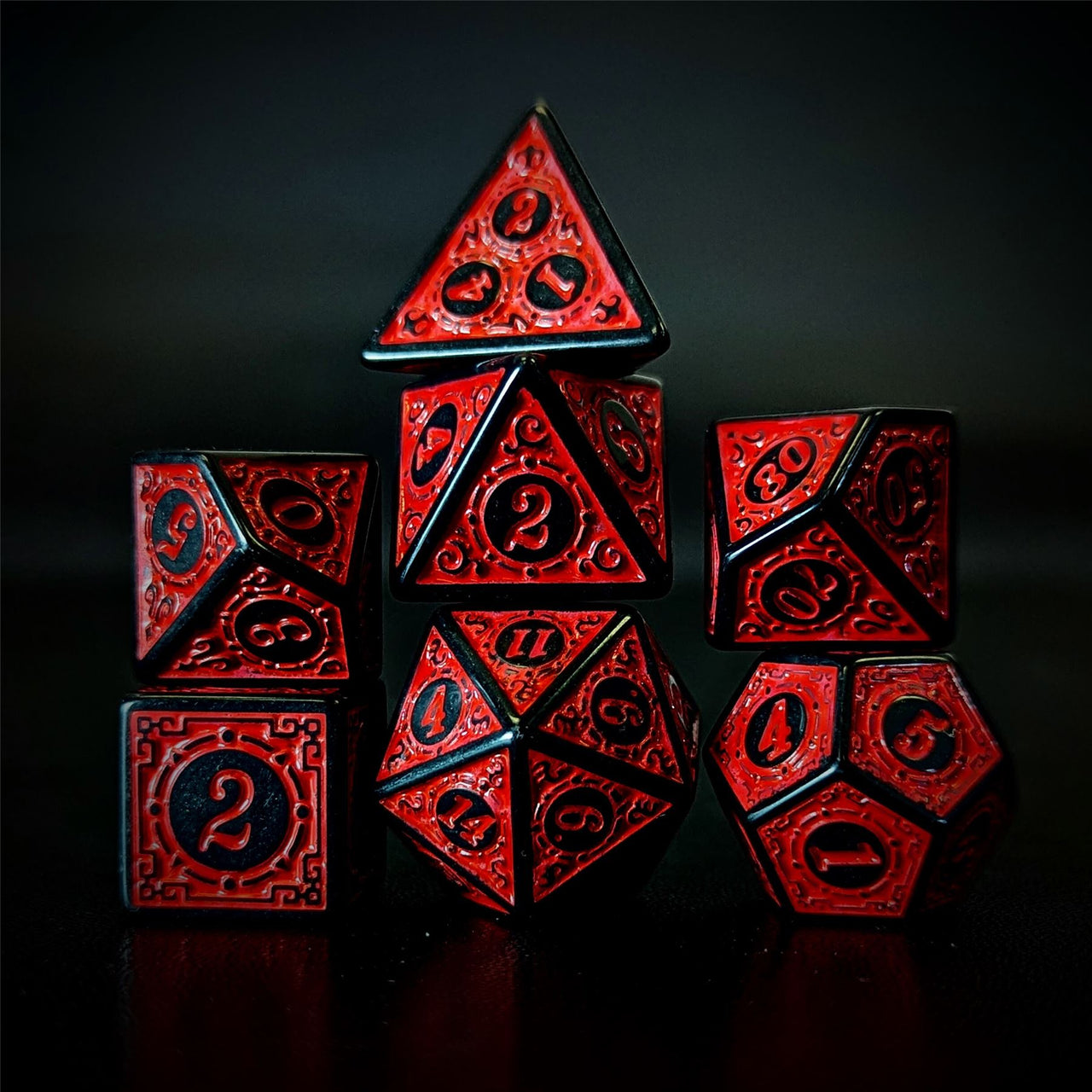 Red Lattice on Black Acrylic - 7pcs RPG Full Dice Set Dark Stack