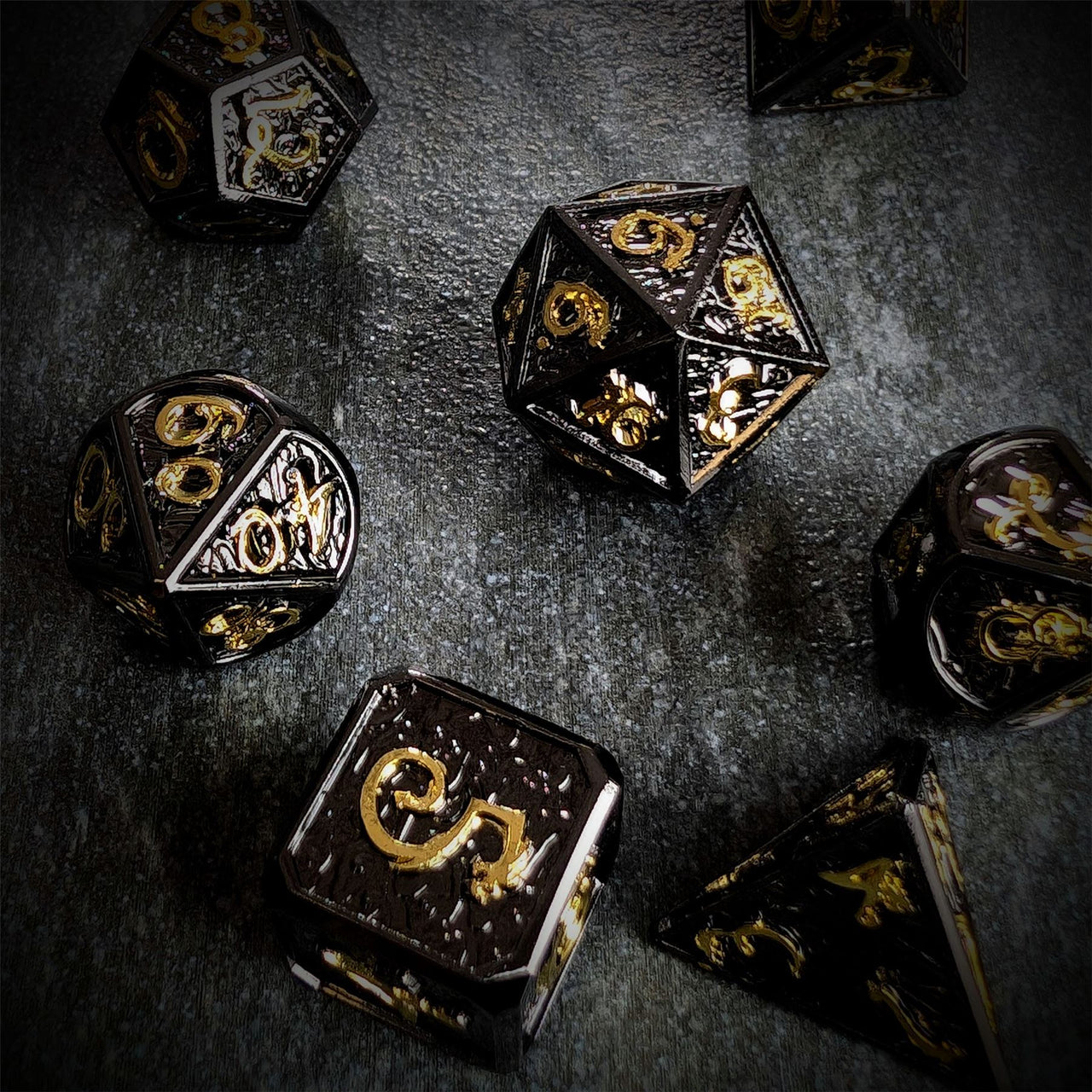 Black Metal with Gold Dragon Font - 7pcs RPG Dice Set