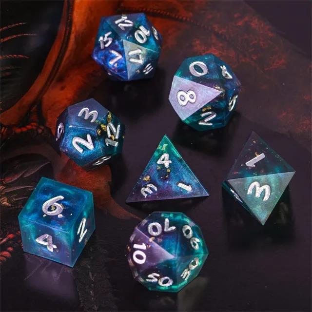 Glitter & Foil in Purple, Blue & Teal Sharp Resin - 7pcs RPG Dice Set