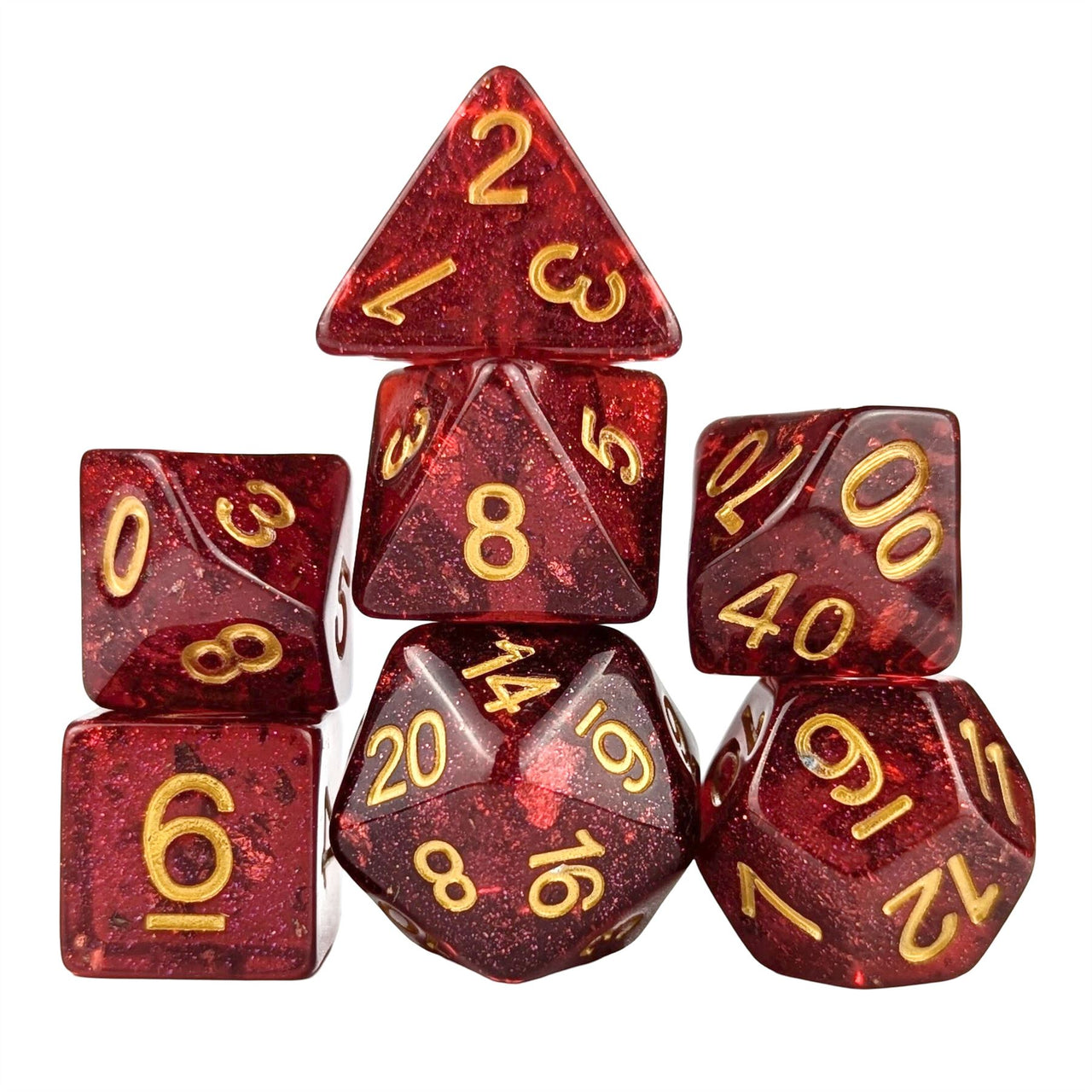 Glitter in Red Resin - 7pcs RPG Full Dice Set