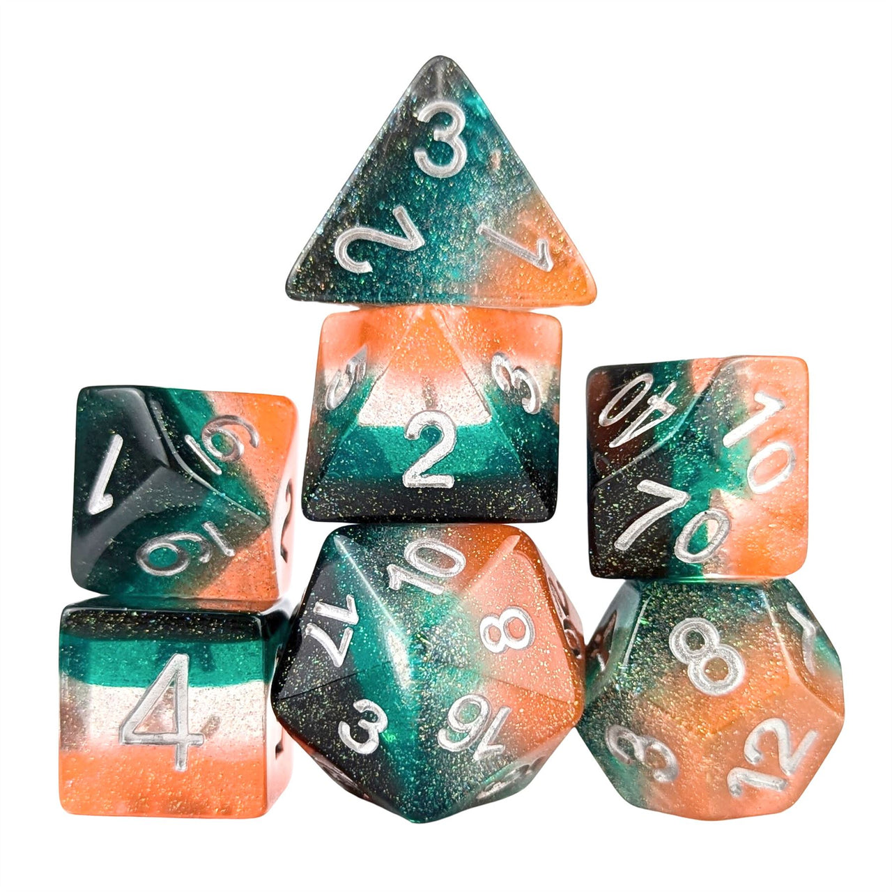 Glitter in Green, Teal & Orange Resin - 7pcs RPG Full Dice Set