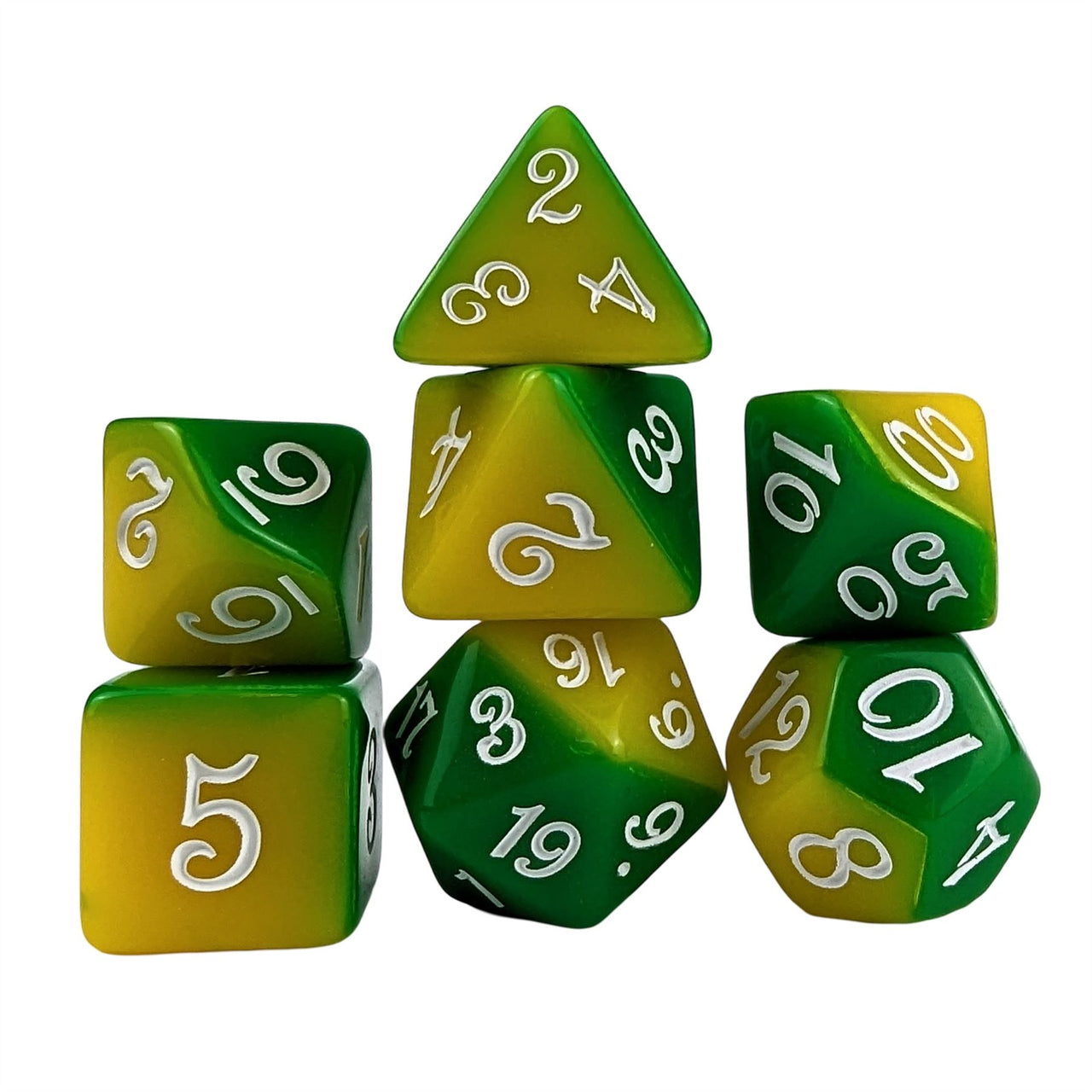 Blend of Yellow & Green Acrylic - 7pcs RPG Full Dice Set White Stack