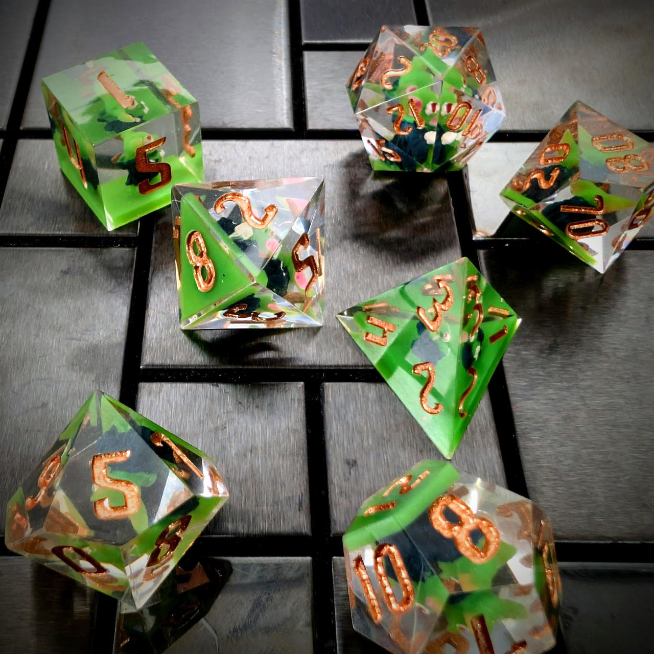 Goblin in Green & Clear Filled Sharp Resin - 7pcs RPG Dice Set