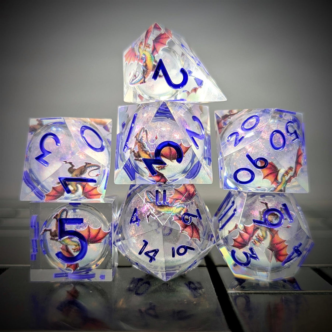 7pcs Dice Sharp Filled Liquid Purple Font Dragon Clear