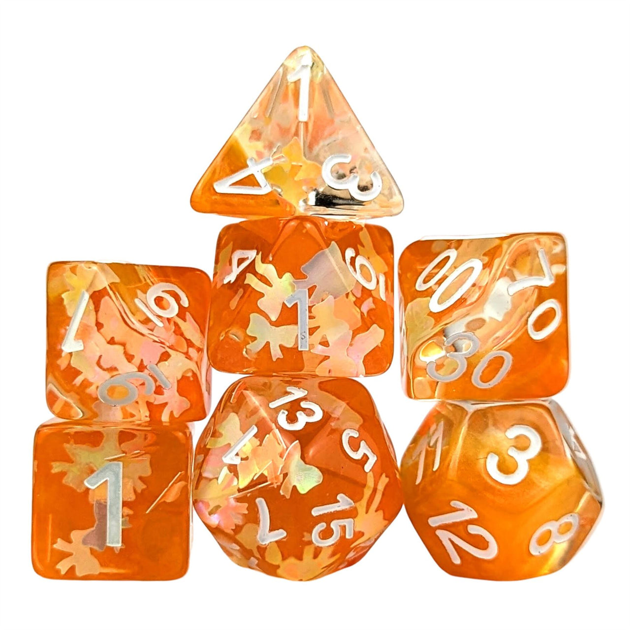 Bow in Clear & Orange Resin - 7pcs RPG Full Dice Set