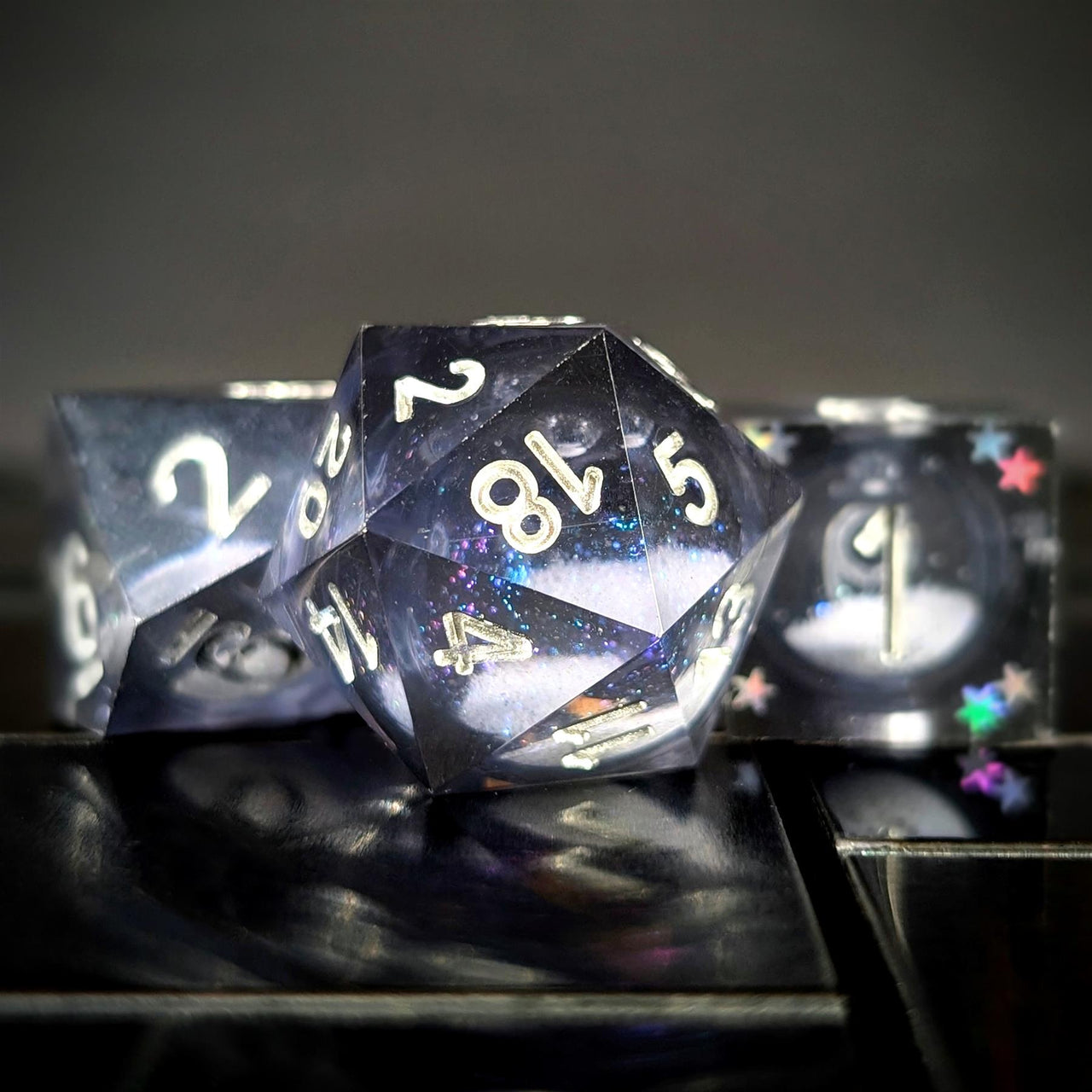 White Sand in Dark Blue Liquid Filled Sharp Resin - 7pcs RPG Dice Set