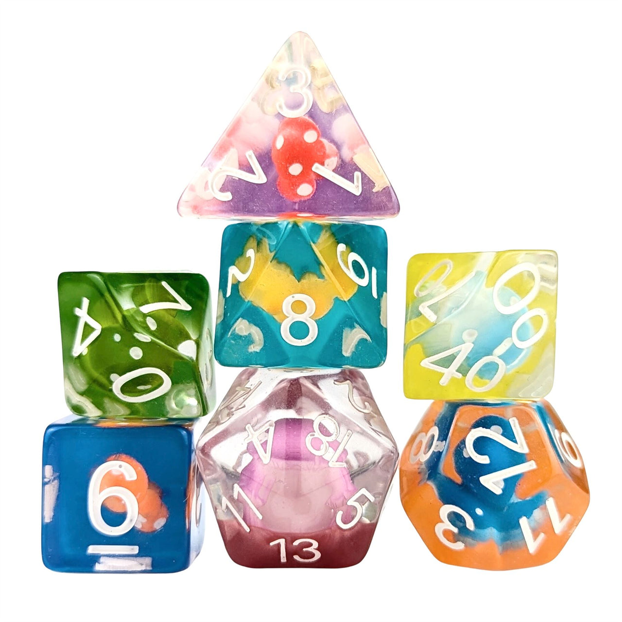 Multicolour Mashroom in Clear Resin - 7pcs RPG Full Dice Set