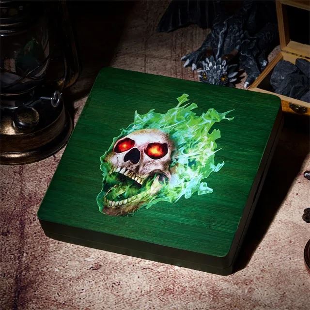 Green Skull on Bamboo Wood - Magnetic Dice Storage