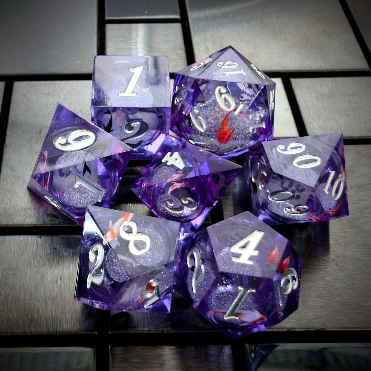 Fish Ball in Clear & Purple Filled Sharp Resin - 7pcs RPG Dice Set
