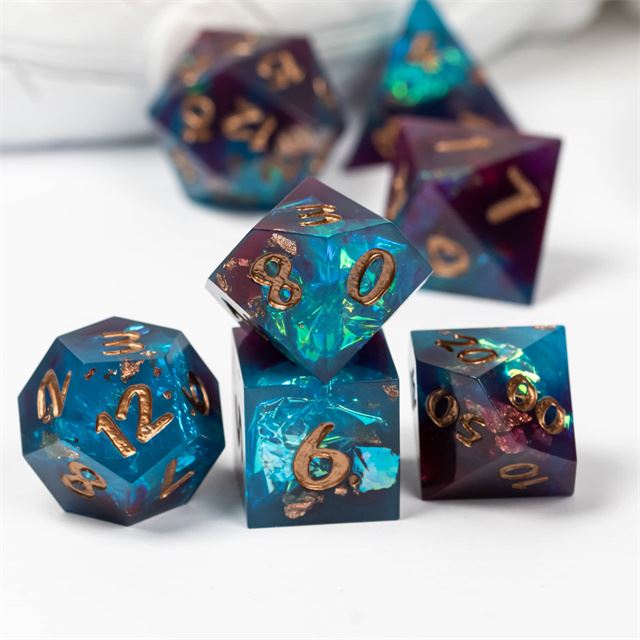 Candy in Blue & Purple with Copper Foil Sharp Resin - 7pcs RPG Dice Set