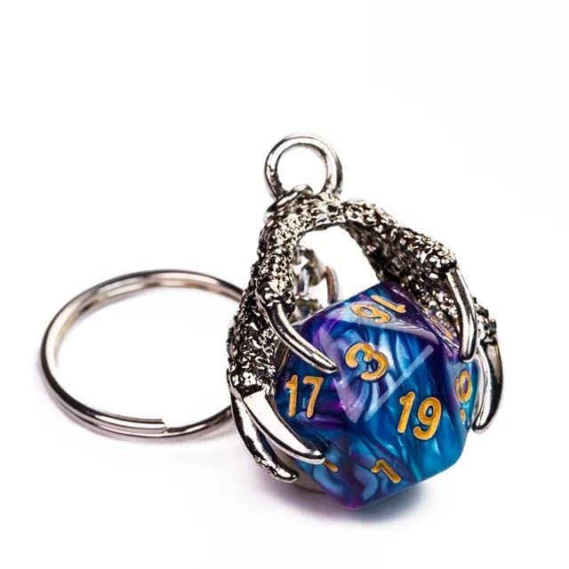 Blue & Purple Acrylic in  Silver Metal Claw - D20 Keyring