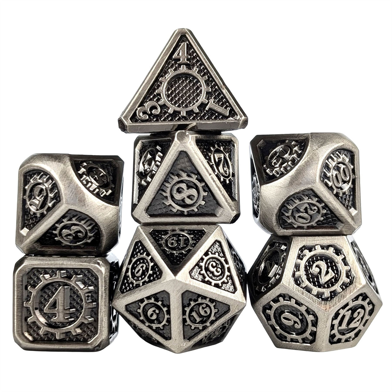 Gear in Silver Metal - 7pcs RPG Dice Set