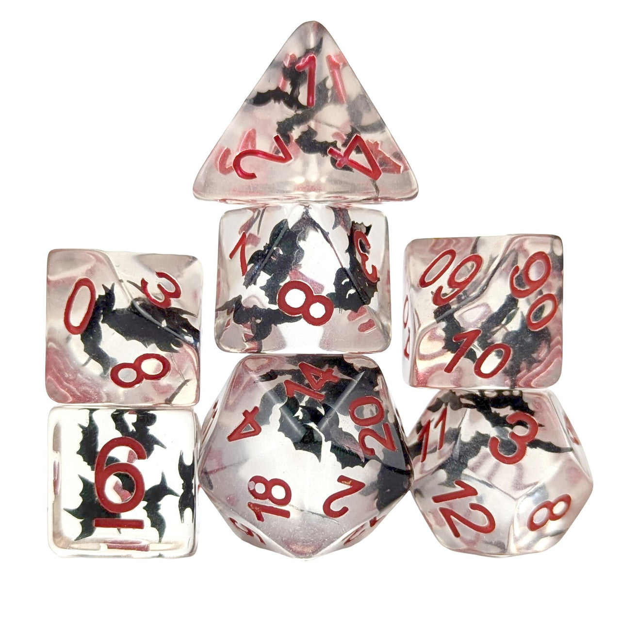 Bats in Clear Resin - 7pcs RPG Full Dice Set