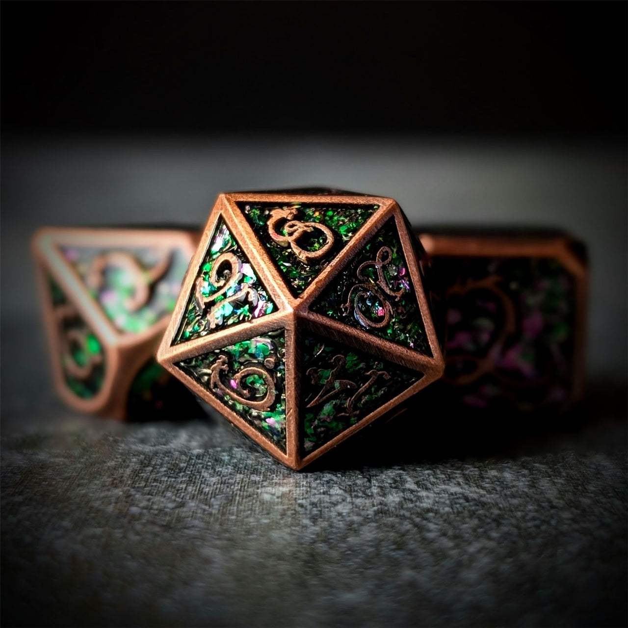 Glitter Pink Enamel in Copper Metal - 7pcs RPG Dice Set