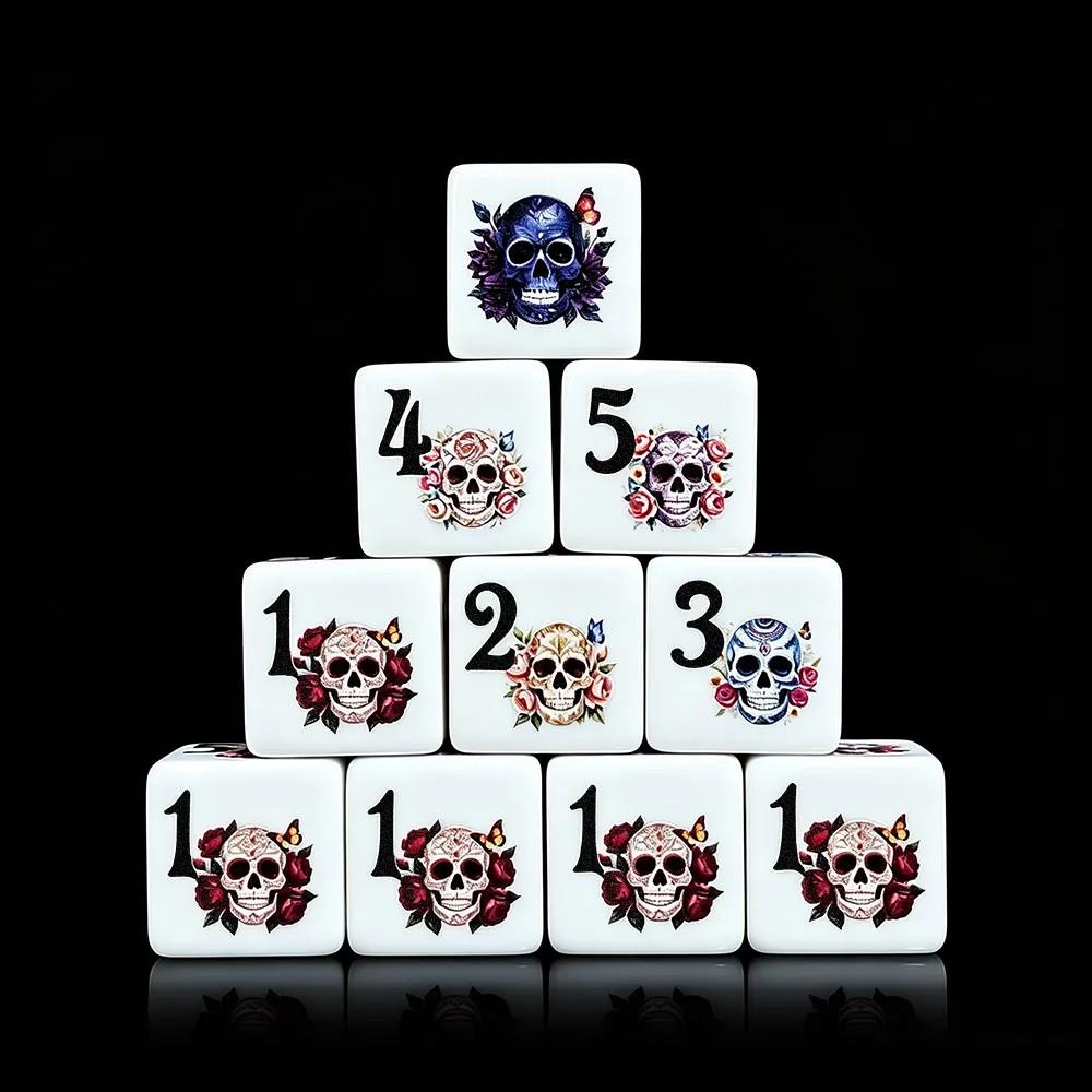 6pcs D6 16mm Dice Acrylic Printed Skull Black Font