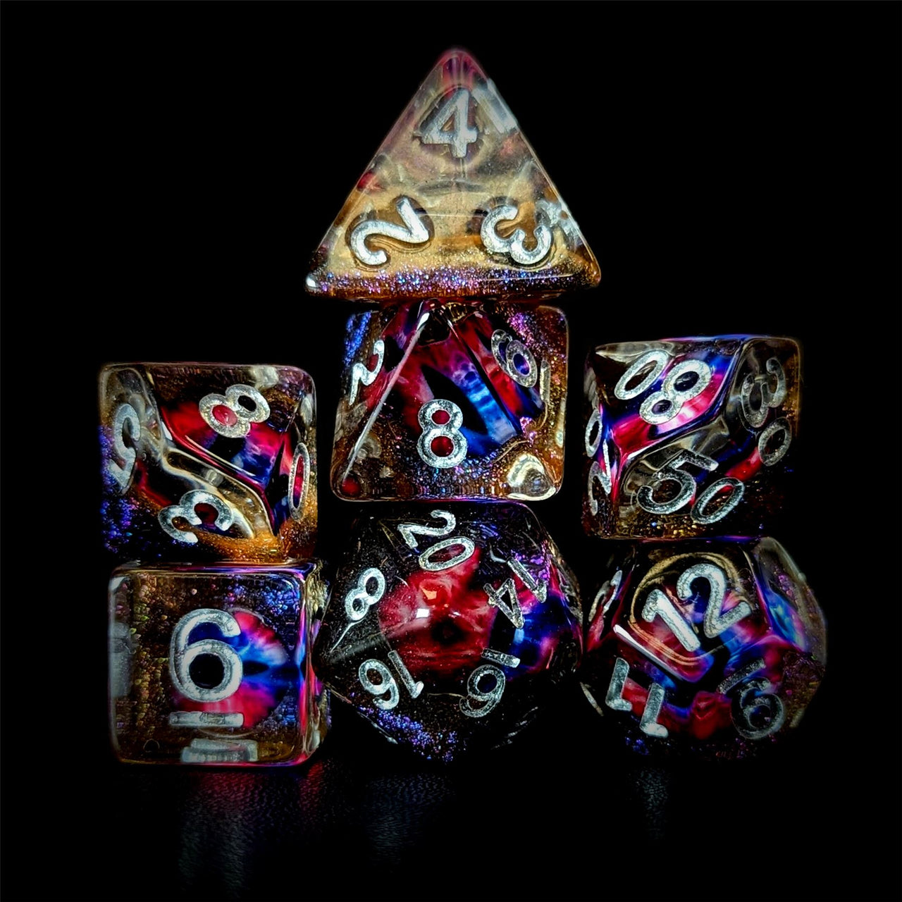 Demon Eye in Clear & Orange & Blue Resin - 7pcs RPG Full Dice Set