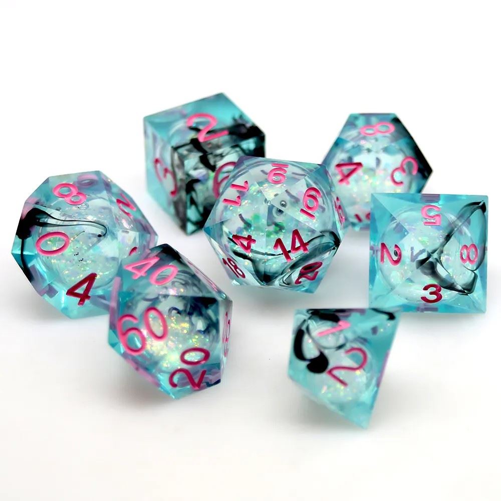 Black Swirl & Glitter in Cyan Liquid Filled Sharp Resin - 7pcs RPG Dice Set