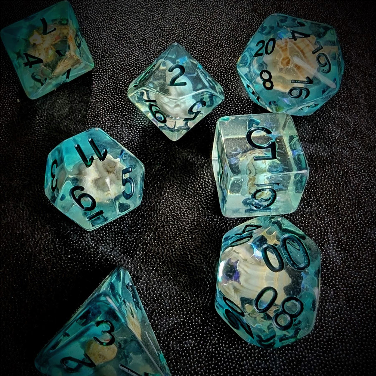 Shell in Clear & Blue Resin - 7pcs RPG Full Dice Set