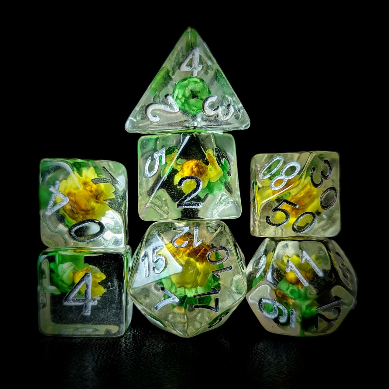 Yellow & Green Flowers in Clear Resin - 7pcs RPG Full Dice Set