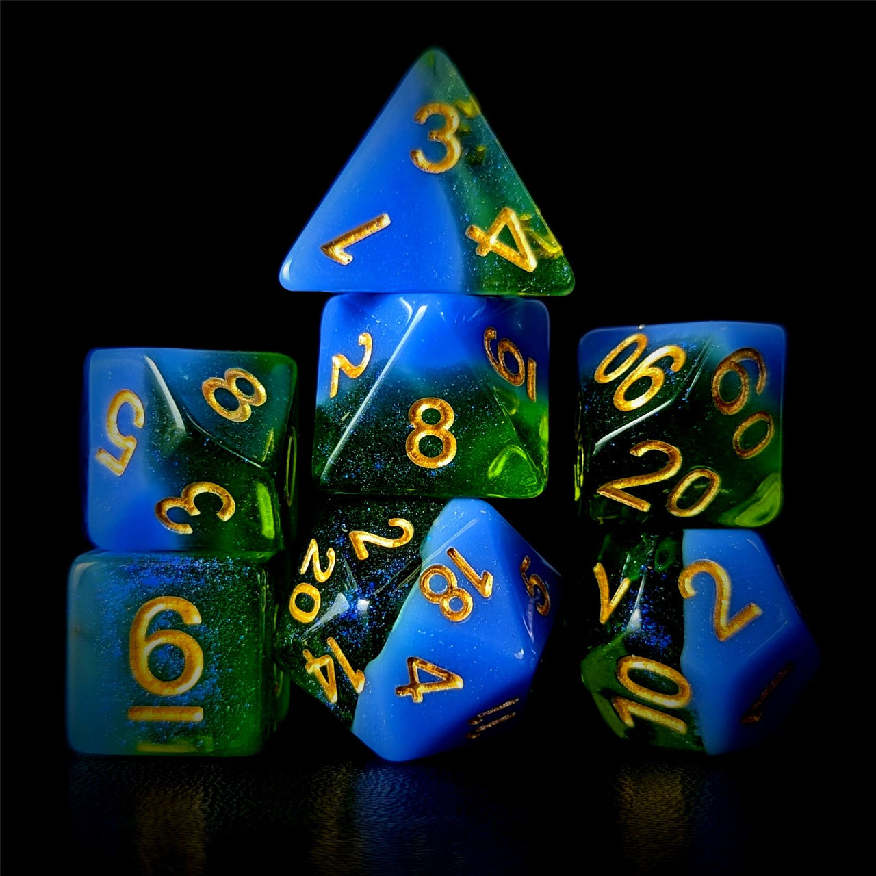 Layered Blue & Green with Shimmer Resin - 7pcs RPG Full Dice Set